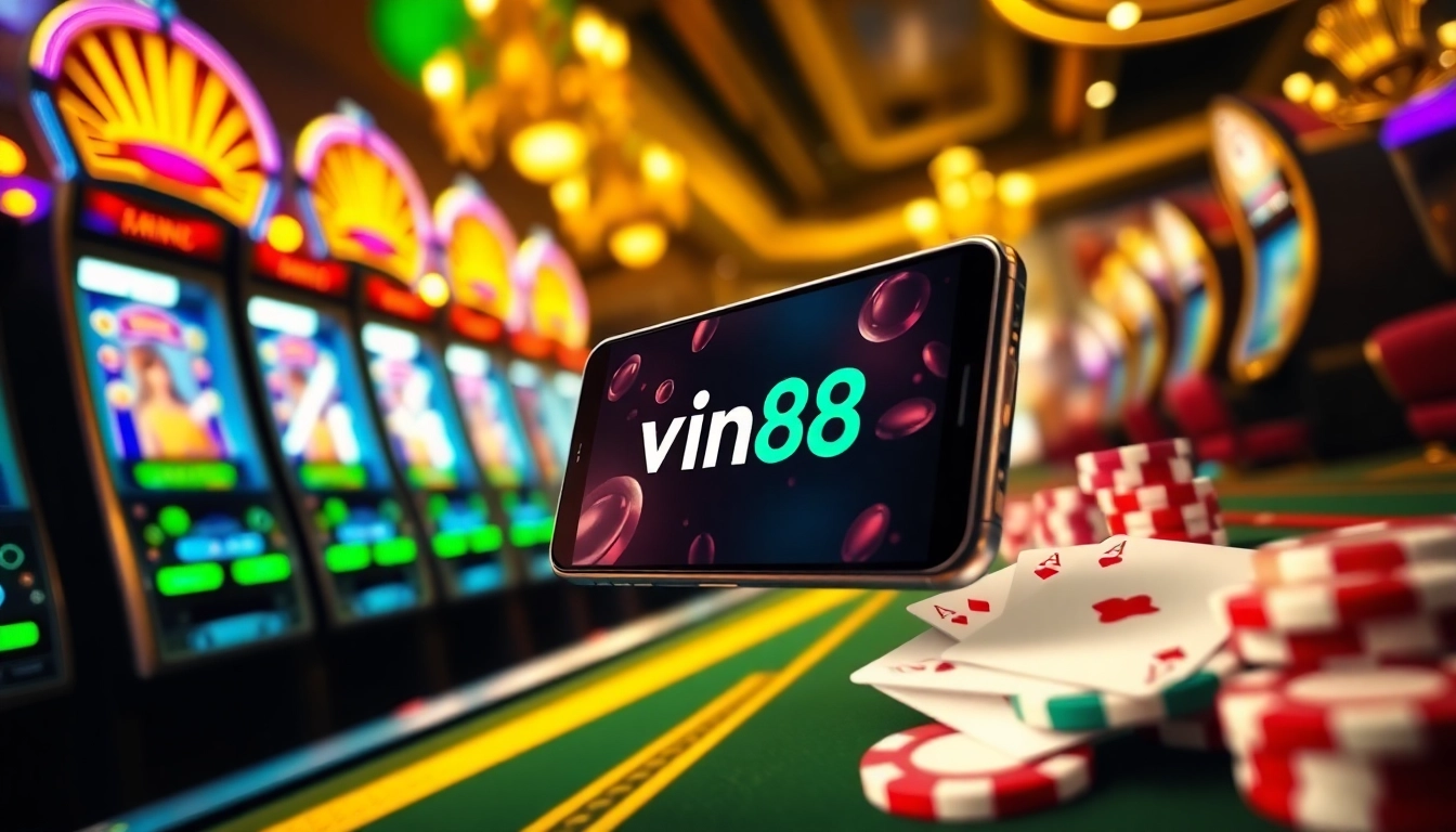 Experience the thrill of gambling with vin88 mobile on a sleek smartphone amid vibrant casino elements.