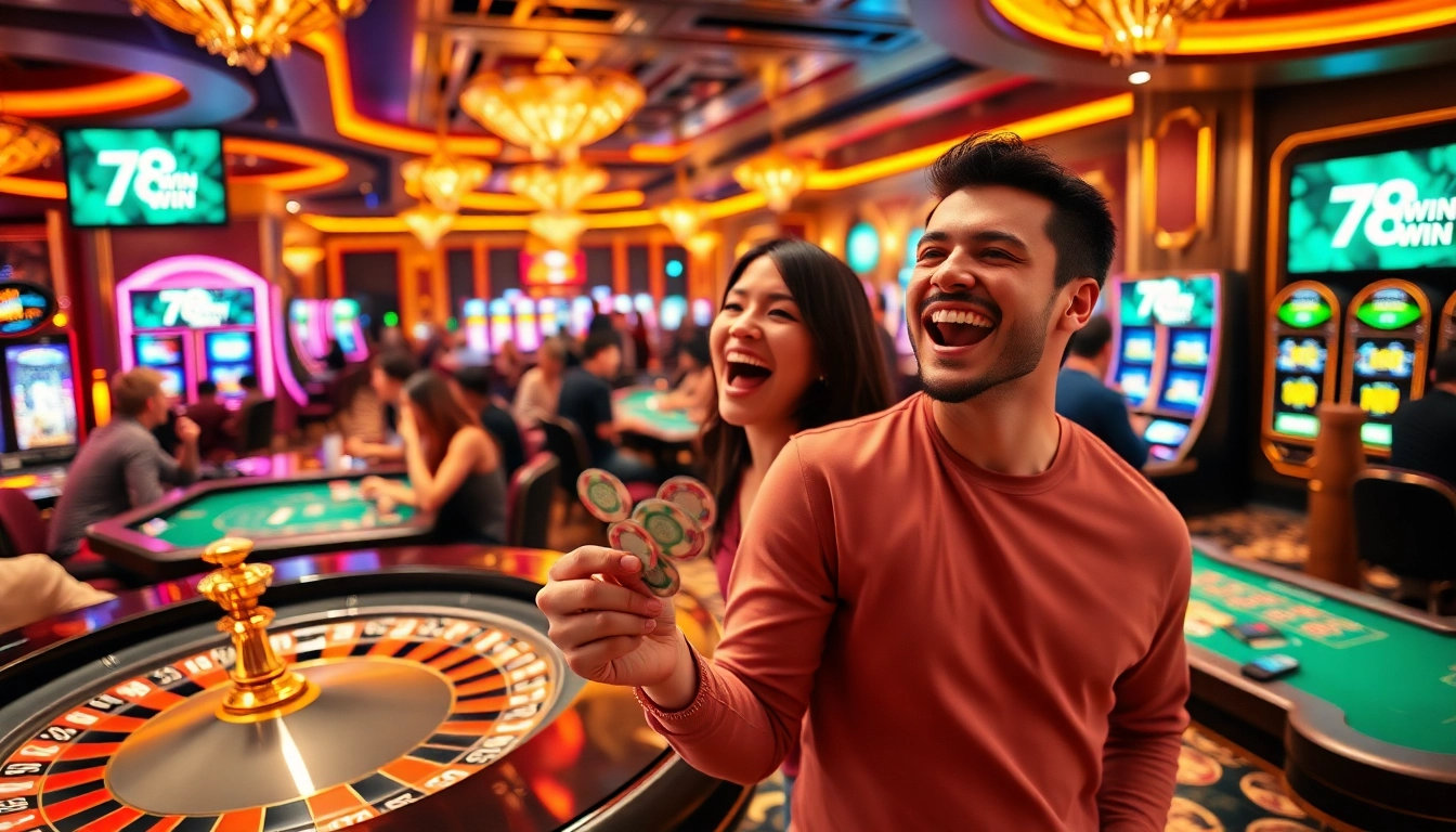 Players celebrate their wins at 78 Win casino tables, showcasing excitement and luxury in gambling.