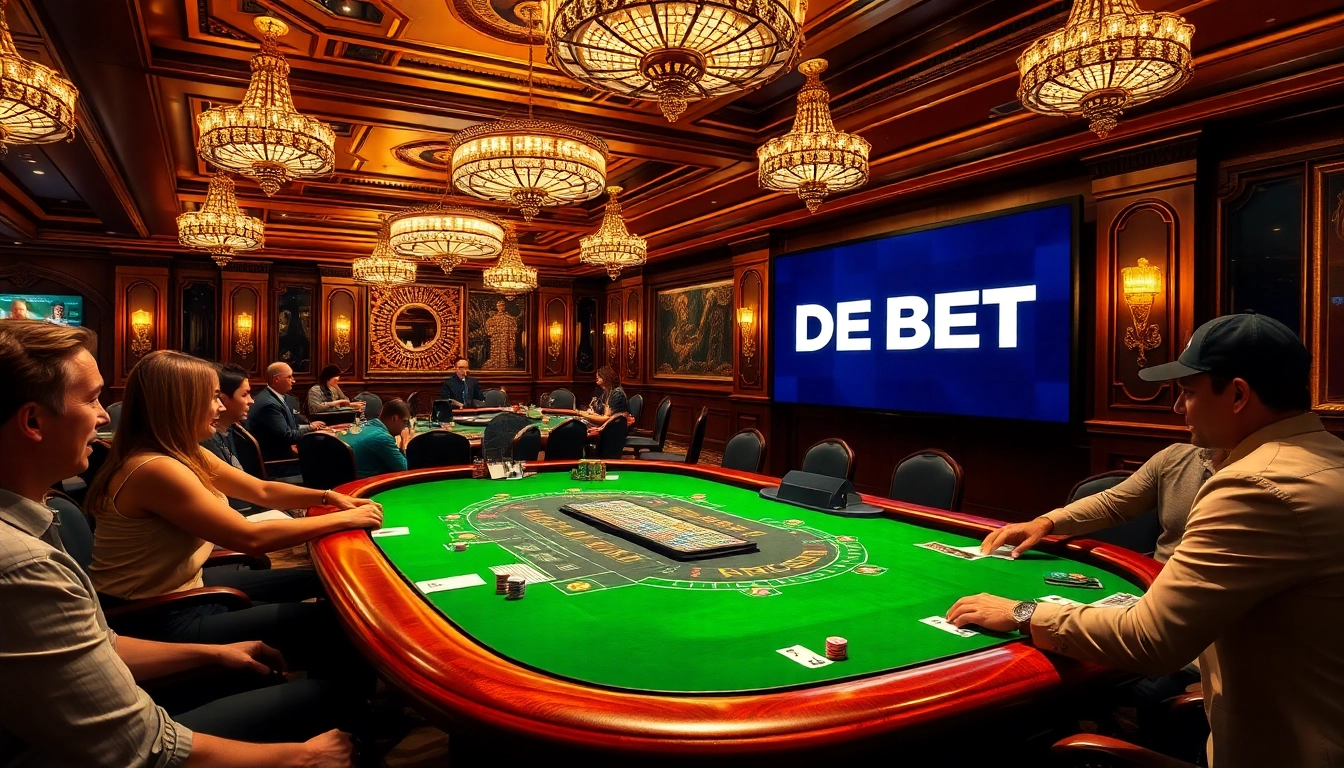 Players enjoying a blackjack game at a luxurious casino, featuring DE BET logo prominently.
