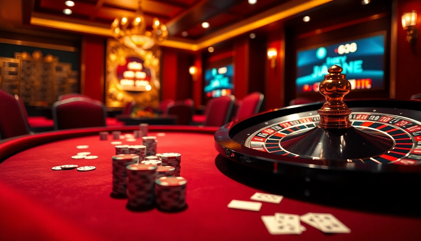 The vibrancy of Nhà cái Jun88 with poker chips and roulette wheel showcasing premium online gambling experiences.