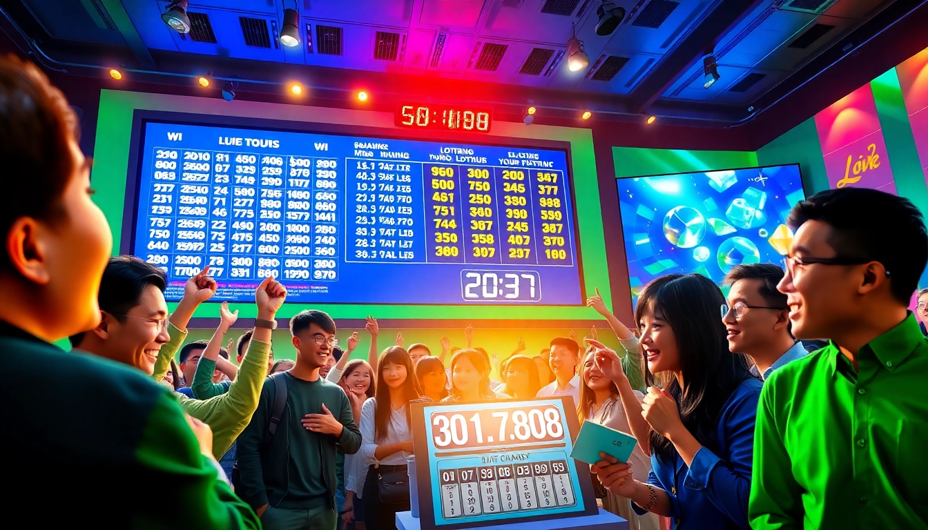 Soi cầu xổ số event with excited participants checking lottery results on a digital screen