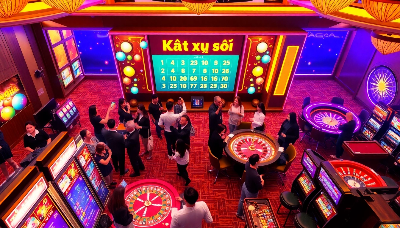 Kết quả xổ số displayed prominently in an exciting casino setting with players enjoying various games.