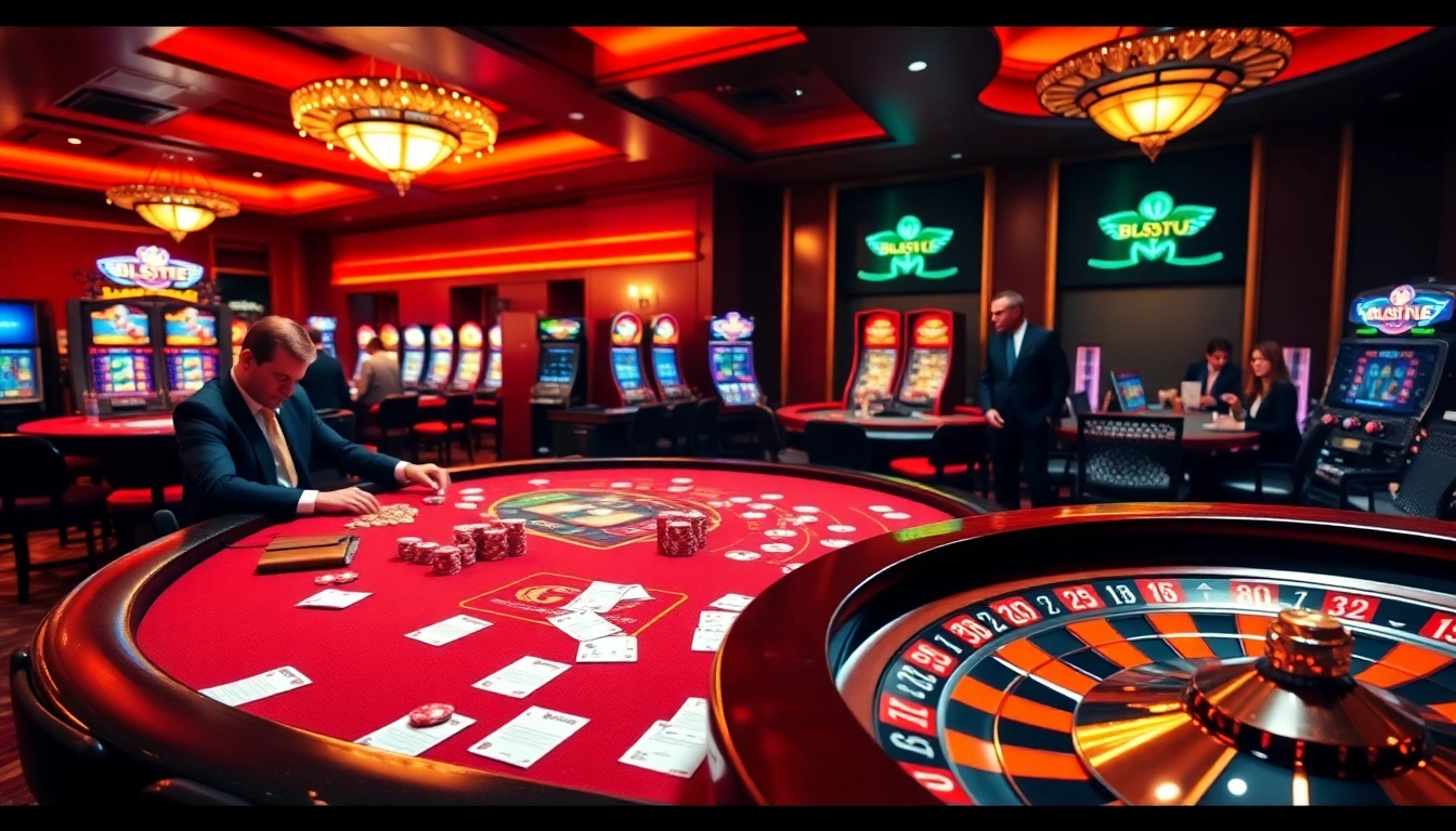Experience gaming excitement with Bl555 at a luxury casino filled with vibrant tables and machines.