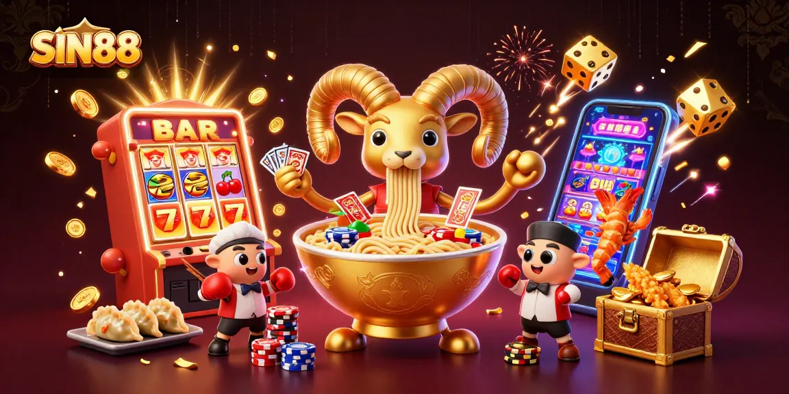 SIN88 showcases a vibrant 3D casino scene with a golden ramen bowl and dynamic game elements