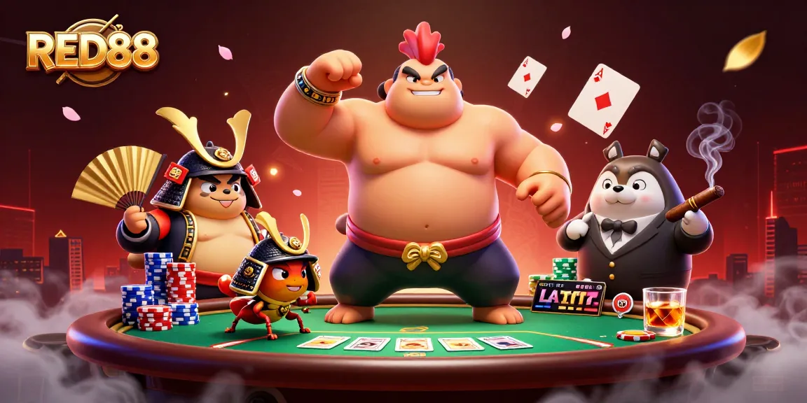 Engage in thrilling poker action at RED88 with colorful chips and animated characters.