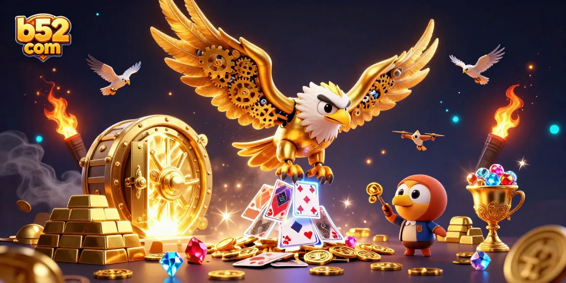 Experience big wins with b52 com in this vibrant 3D casino-themed illustration featuring golden treasures.