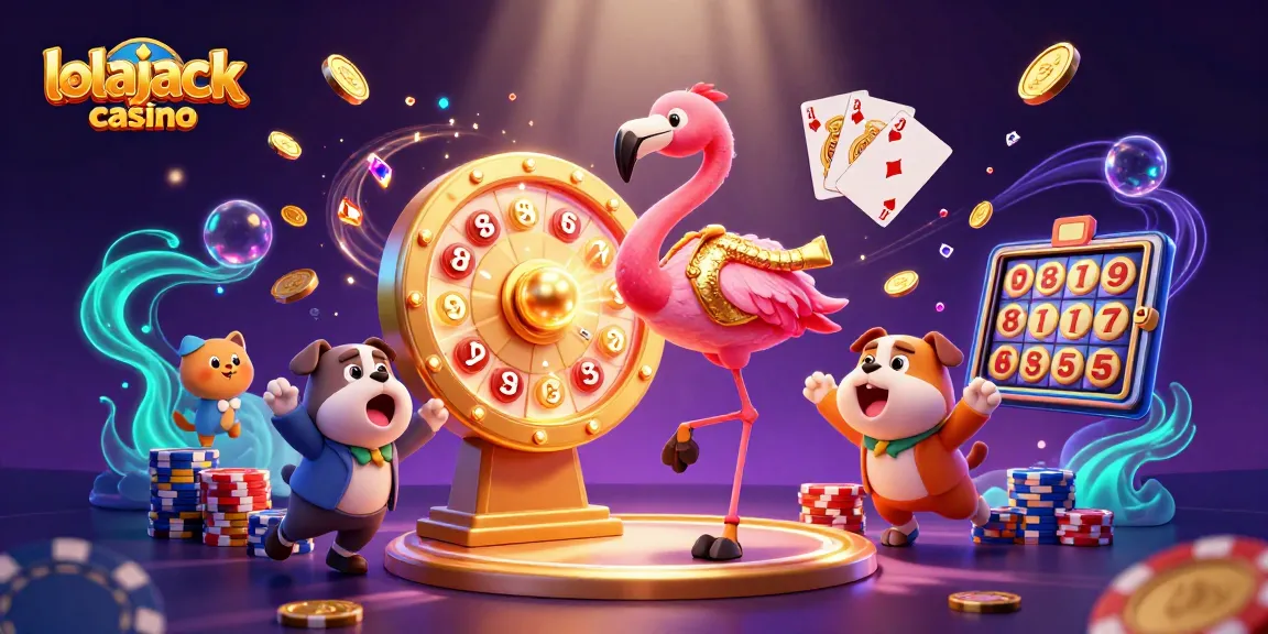 Experience exhilarating wins at lolajack casino with vibrant game show excitement featuring colorful characters and casino elements.