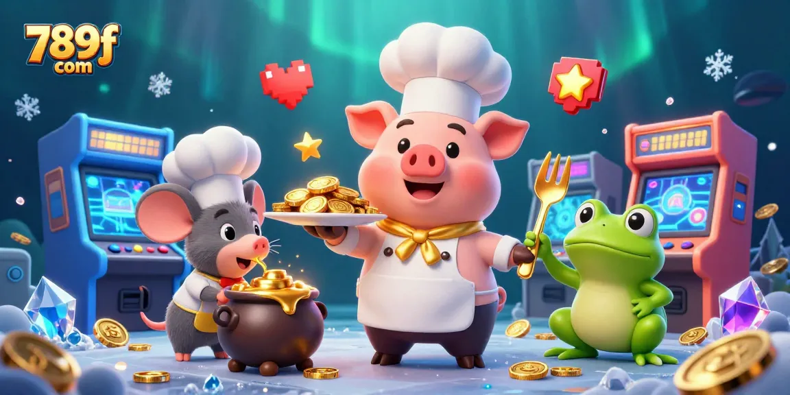 Experience the thrilling casino world with 789f com, showcasing a chef pig serving gold coins in a vibrant gaming scene.