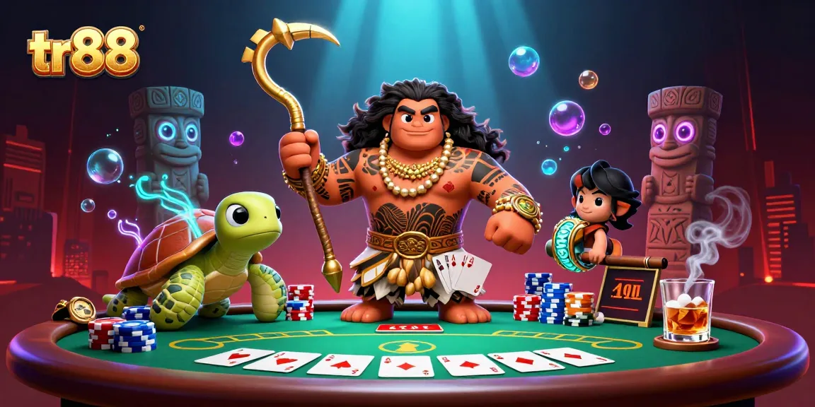 tr88 promotes engaging poker gameplay with a cartoon hawk and turtle amid vibrant casino elements.