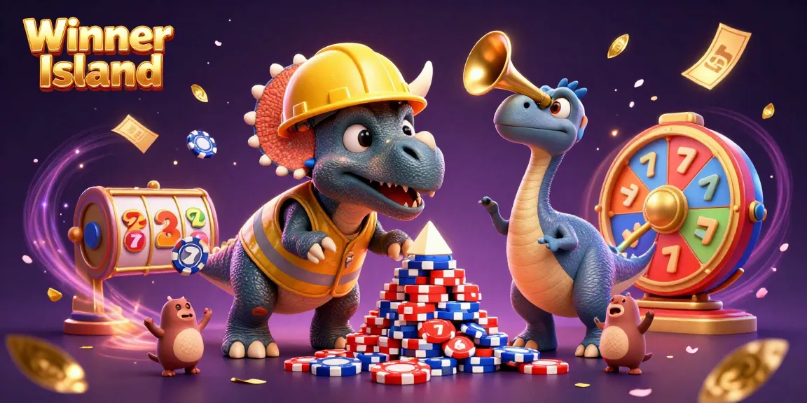 Winner Island engages players with a lively casino scene of a triceratops and a parasaurolophus celebrating thrilling gameplay.