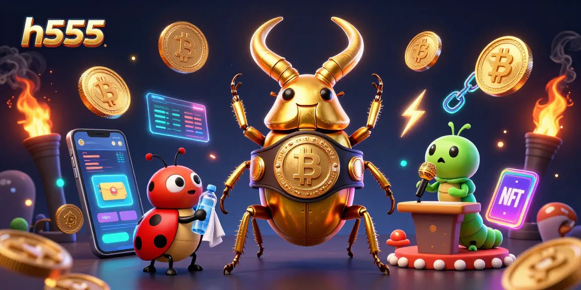 Spin for big wins with h555 in an energetic scene featuring 3D characters and crypto elements.