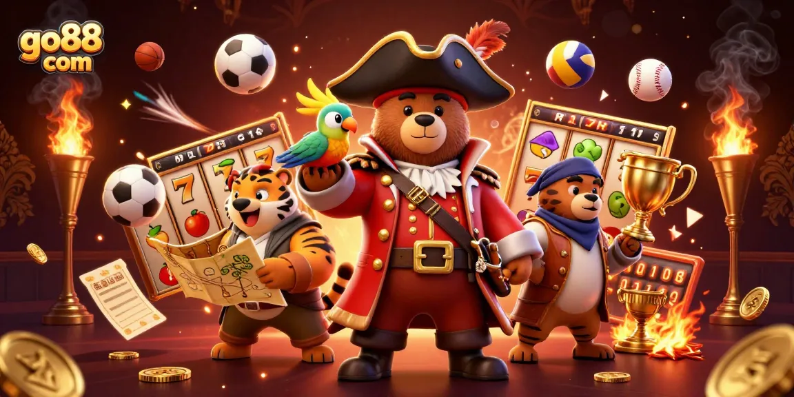 Experience thrilling slots and adventures at go88 com with our vibrant pirate-themed casino illustration.