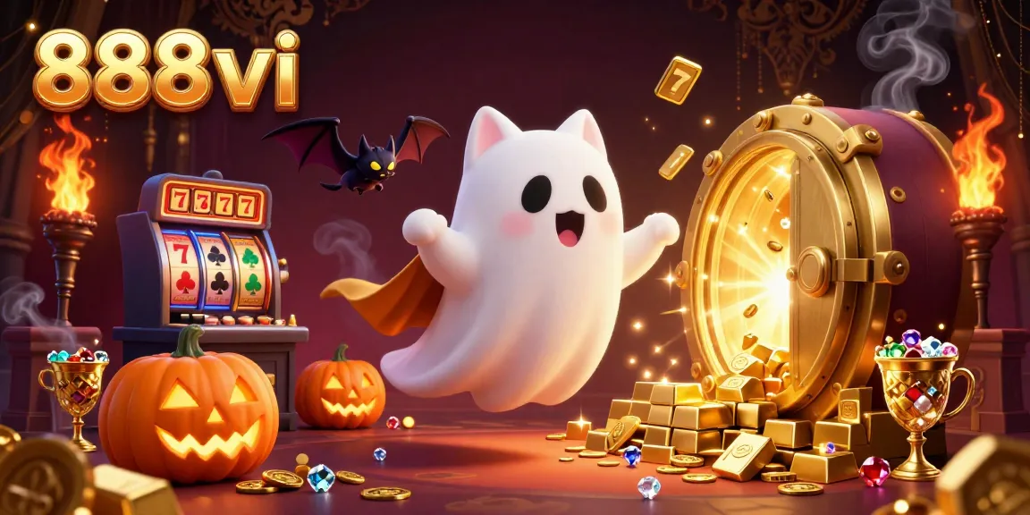 Engage with the magical world of 888vi as a friendly ghost cat explores a vibrant haunted casino.