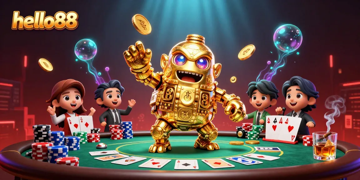 Exciting gameplay experience at hello88 with golden golem and poker elements in vibrant 3D