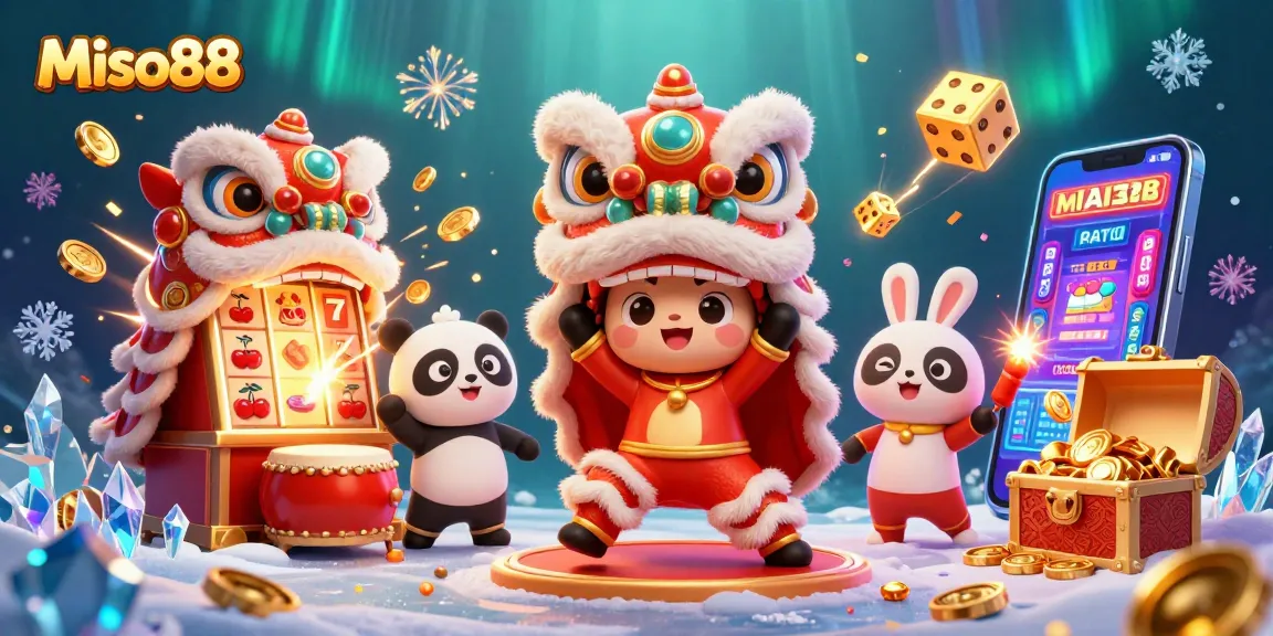 Miso88 spins excitement with a lion dance, surrounded by colorful casino games and jackpots.