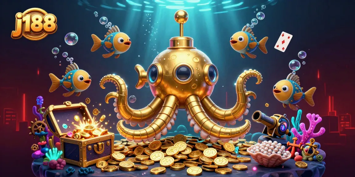 Engage in thrilling casino play with j188’s vibrant 3D kraken submarine and mechanical fish amidst coins.