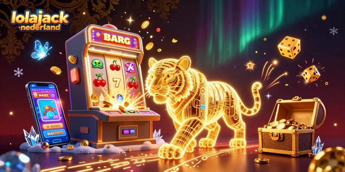 Lolajack-nederland showcases a neon tiger navigating a dynamic casino scene filled with slots and vibrant game elements.