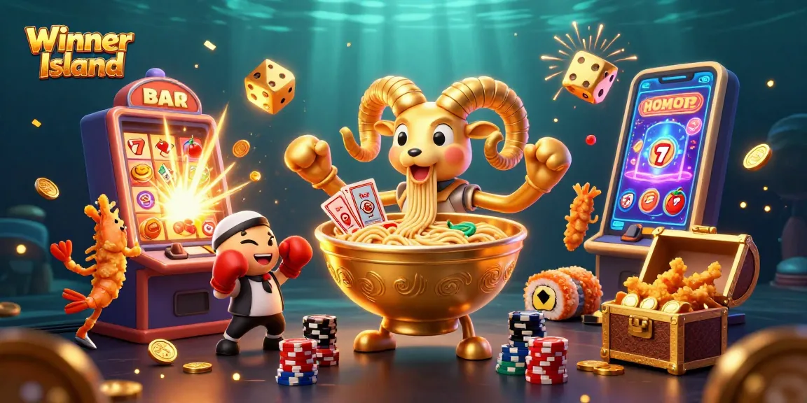 Experience the thrill of Winner Island with vibrant characters and explosive casino elements in this dynamic illustration.