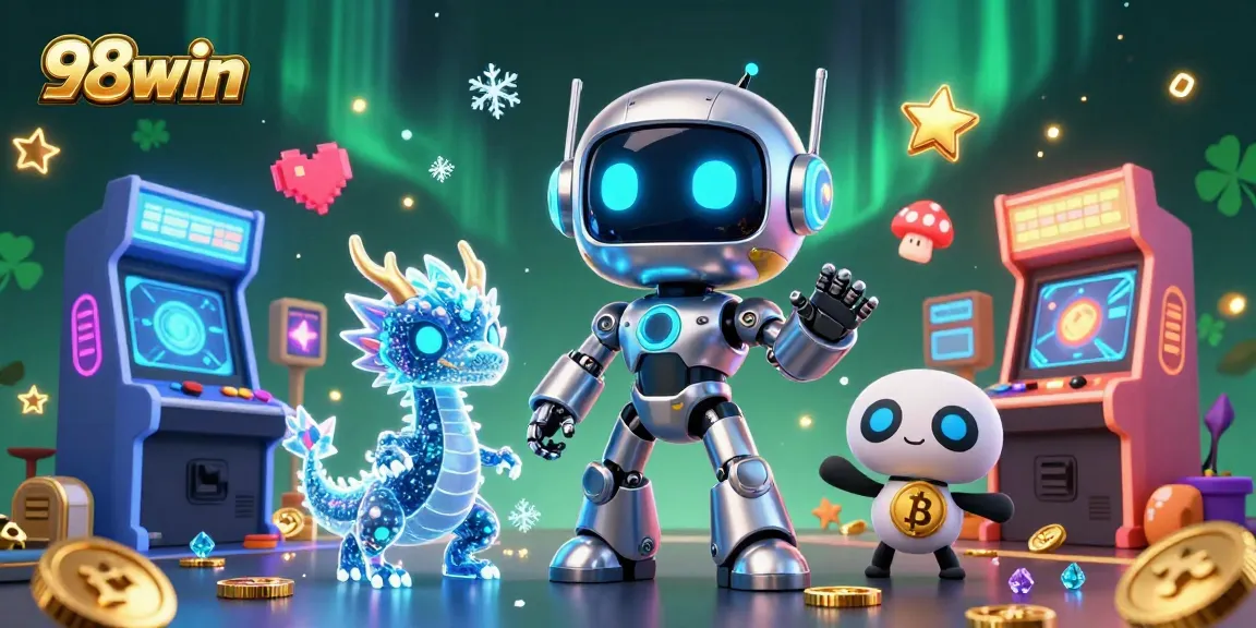 Engage with 98win in dynamic gaming scenes featuring a cyberpunk mascot and holographic dragon.