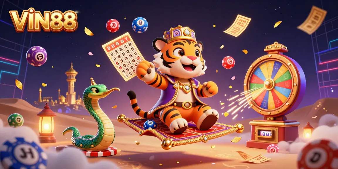 Experience VIN88 with dynamic 3D casino elements, featuring vibrant lottery balls and a sultan on a carpet.