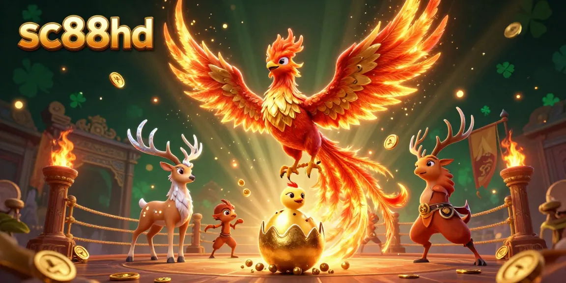 Experience iconic gaming moments with sc88hd's captivating phoenix and mystical stag in a dazzling casino battle scene.