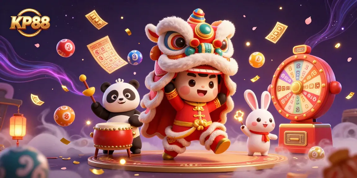 Experience KP88's vibrant gameplay with a lion dance, drumming panda, and firecracker rabbit in a dynamic casino scene.