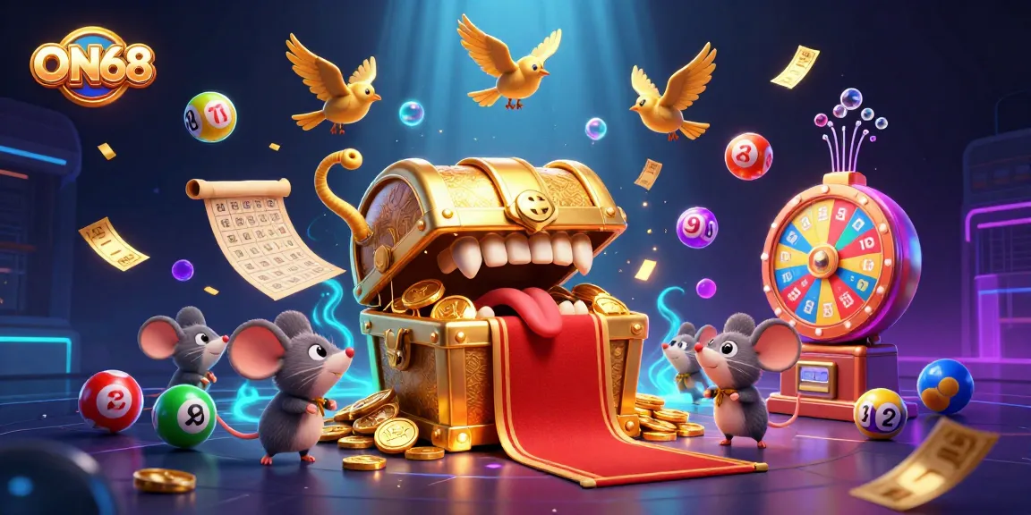 Experience gaming excitement with ON68's dynamic treasure-filled illustration highlighting various gambling elements.