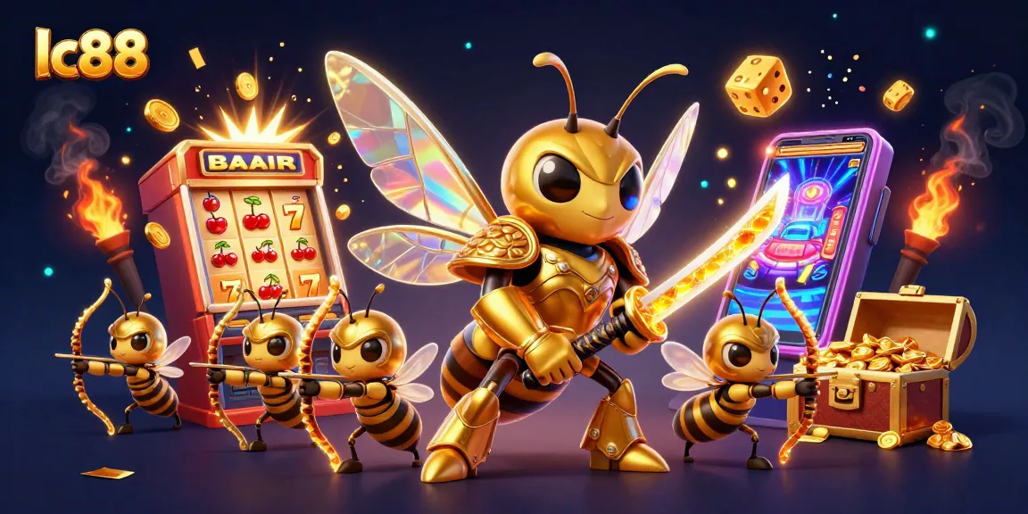 lc88 showcases a giant golden hornet samurai amidst vibrant casino elements, symbolizing winning in gaming.