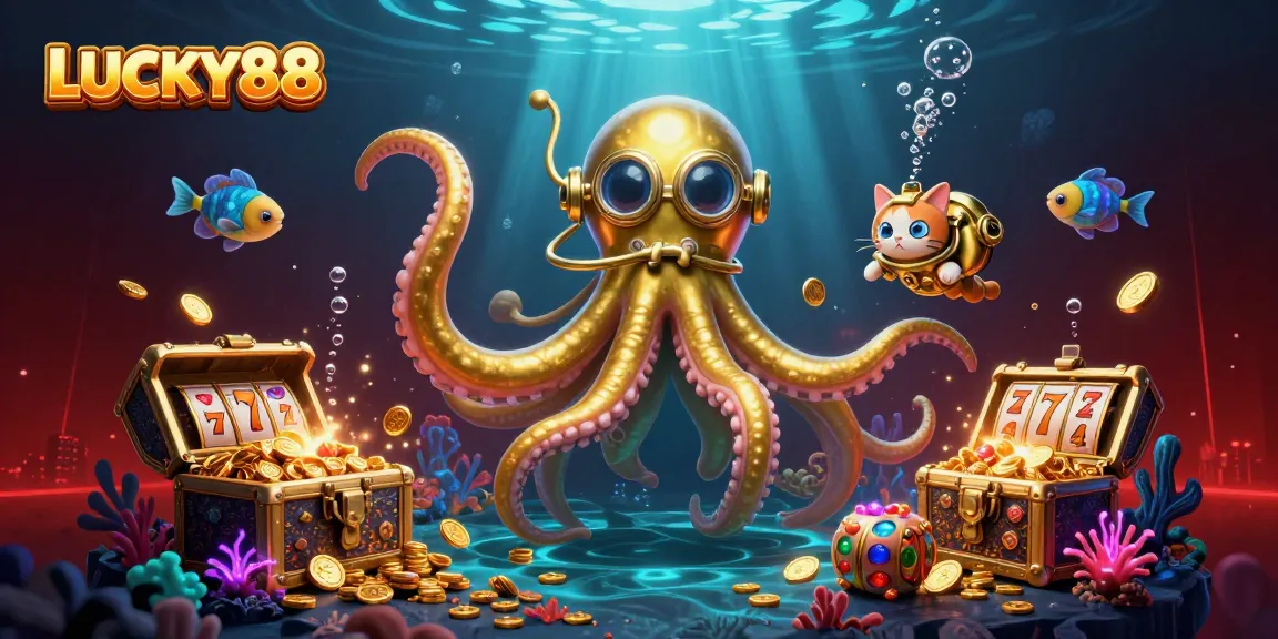 Spin the reels with LUCKY88 in this vibrant 3D illustration of a kraken and treasures.