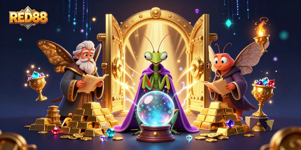 Experience the magic of RED88 with a vibrant 3D casino scene featuring mystical characters and treasure.