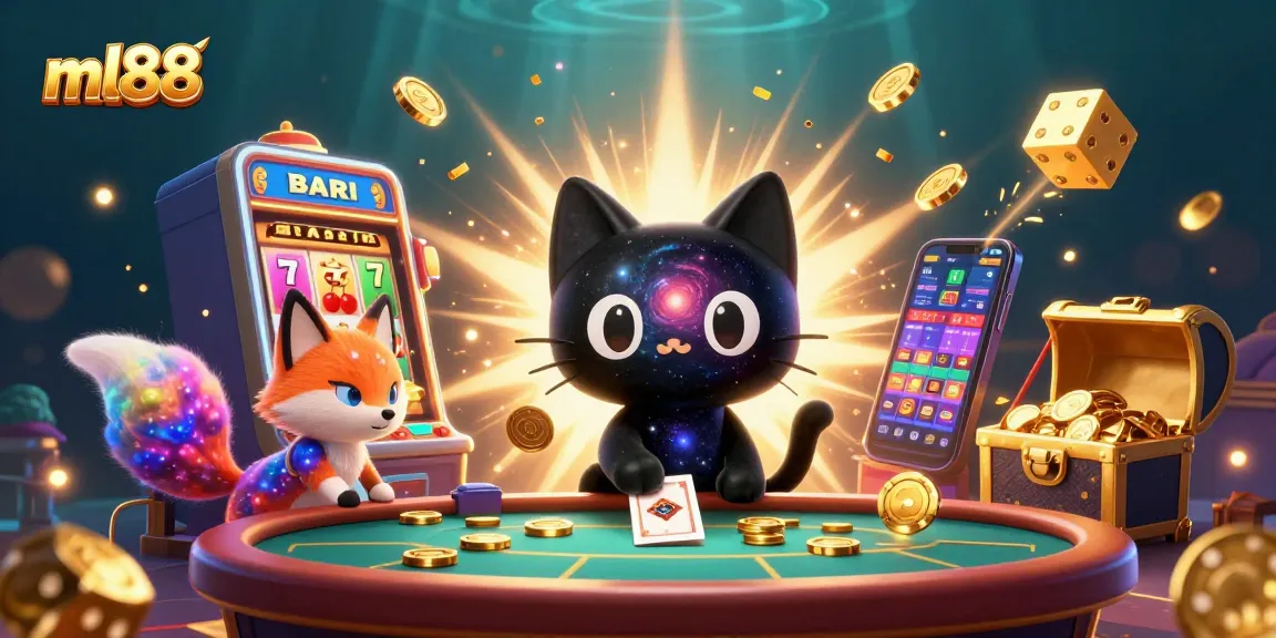 Experience the thrill at ml88's cosmic casino with a black hole cat and vibrant nebula fox.