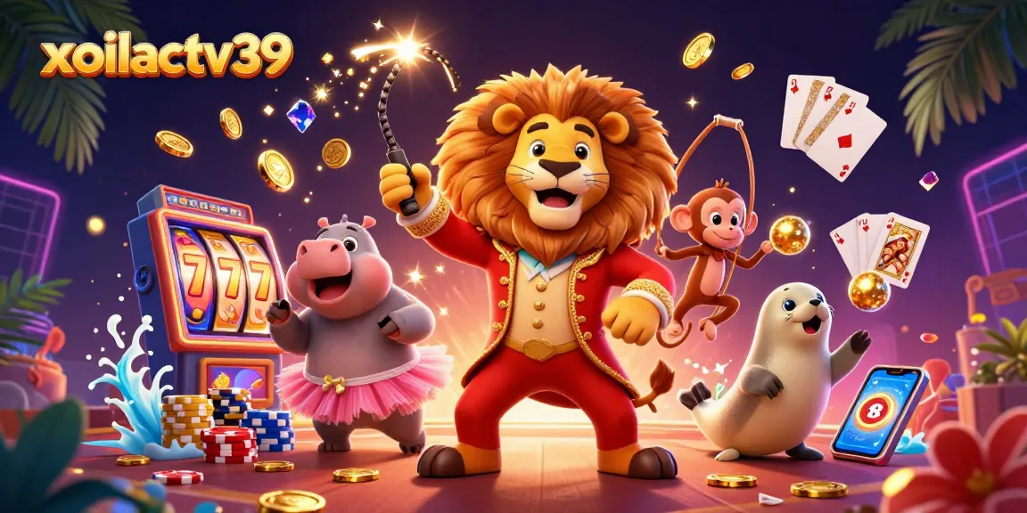 Engage with the vibrant world of xoilactv39, featuring circus themed gambling action with lively characters and slot machines.