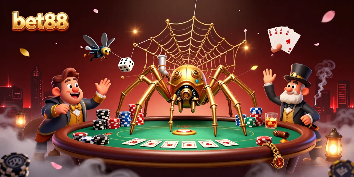 Bet88 creates excitement as a steampunk spider weaves a web of poker luck.