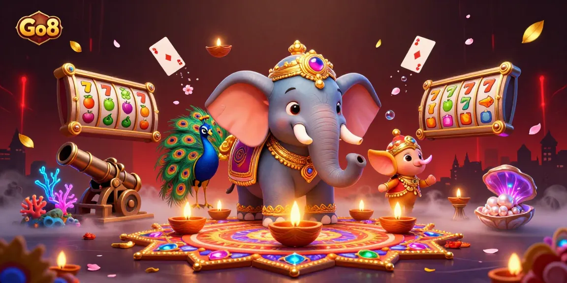 Engage with the vibrant Go8 casino scene featuring a Diwali-themed elephant and exciting gaming elements.