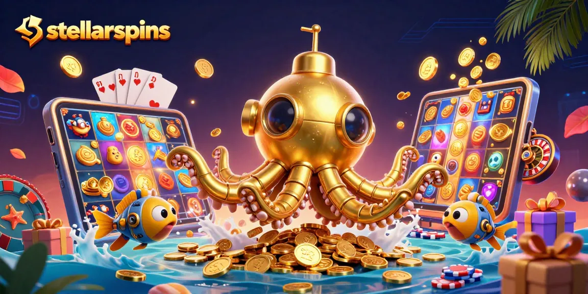 Experience the excitement of stellarspins with vibrant slot reels and golden coins erupting around a kraken submarine scene.
